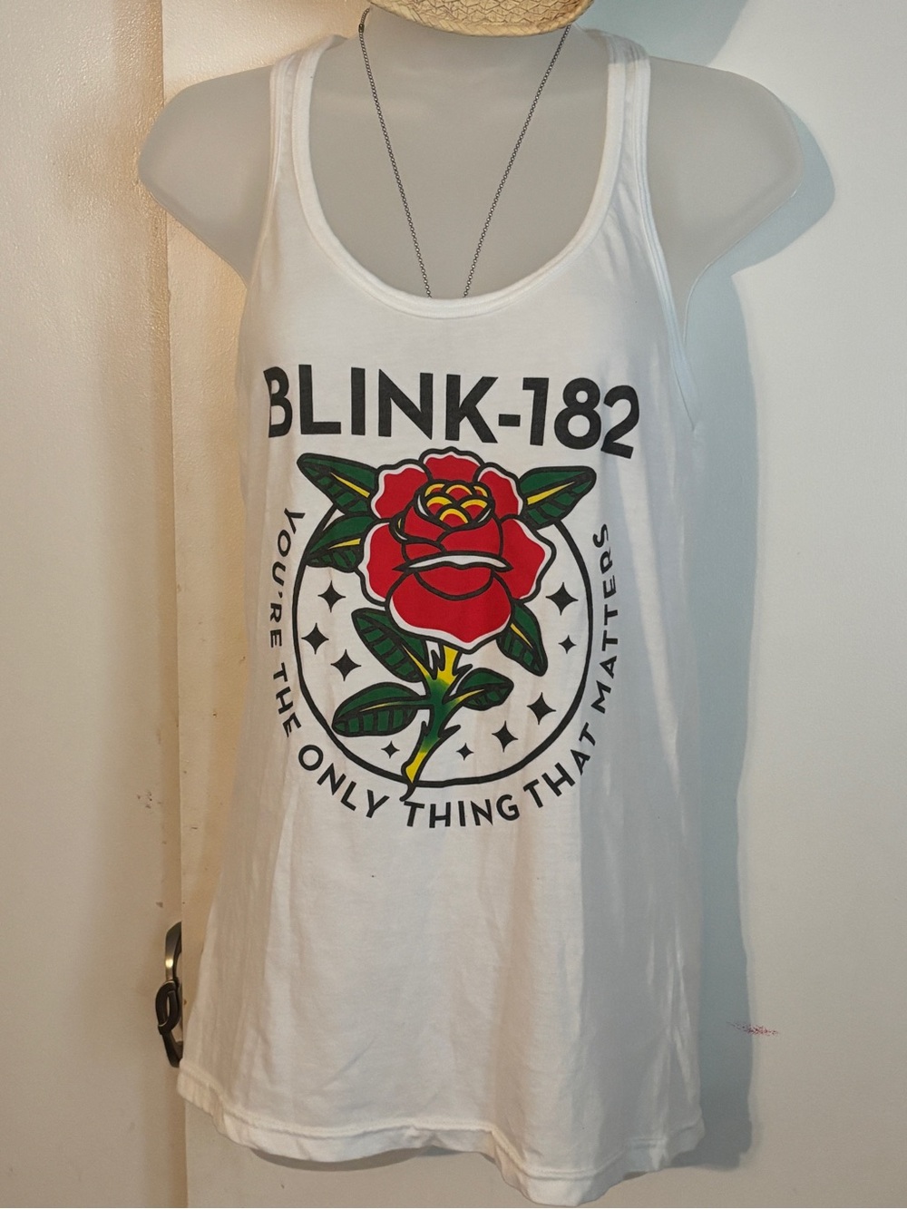 Tultex Racerback White Tank Top with Red Rose Blink-182 Graphic